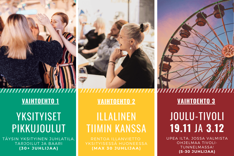 HUONE Jätkäsaari Joulu-Tivoli 2021, yrityksen pikkujoulu, ohjelma, illallinen, juhlatila