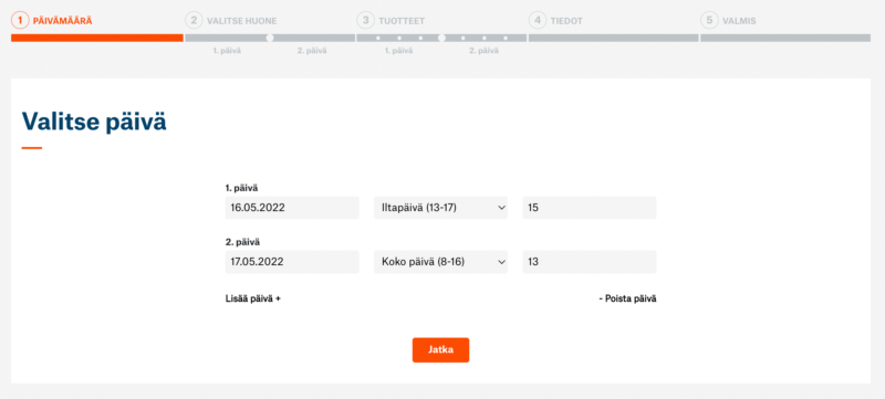 HUONE Helsinki Valitse päivät, aika ja ryhmän koko